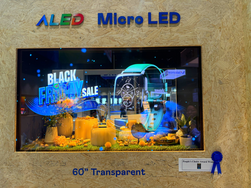 MK体育
60吋高透明度Micro LED显示器获”最佳Micro LED技术应用奖”，将Micro LED面板透明化之设计特性极致发挥，以可扩展性无缝拼接技术打造，具备600 nits全画面亮度、大于60%穿透率及超过NTSC 110%的优异广色域表现，可依需求灵活应用于各种场域