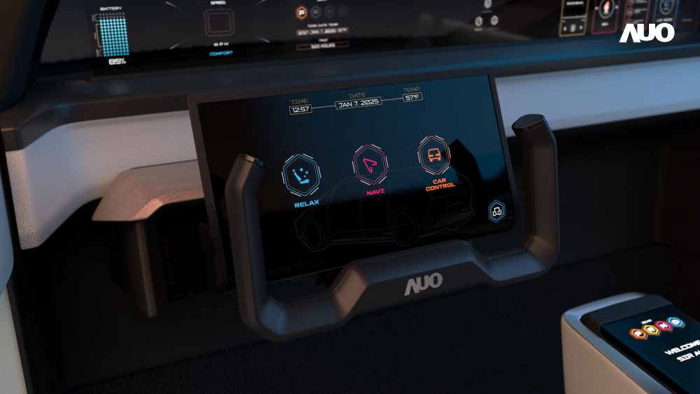 MK体育
隐藏式智驾介面Foldable Cruise Pilot在手动驾驶模式下可以半收合呈现如里程、时速等信息；自驾模式时则可以完全展开提供车内娱乐功能